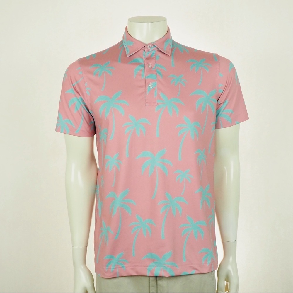 Waggle Golf Polo Shirt Mens Small Pink Floral Palm Trees AOP Performance Blend